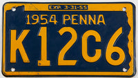 1954 Pennsylvania car license plate in excellent minus condition