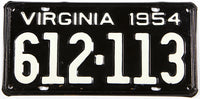 A classic 1954 Virginia car license plate in excellent minus condition