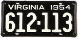 A classic 1954 Virginia car license plate in excellent minus condition