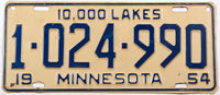 An antique 1954 Minnesota car license plate in very good plus condition