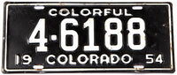A 1954 Colorado passenger car license plate for sale at Brandywine General Store in very good plus condition