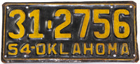 An antique 1954 Oklahoma passenger car license plate in very good condition