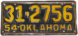 An antique 1954 Oklahoma passenger car license plate in very good condition