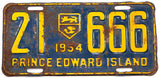An antique 1954 passenger car license plate from the Canadian province of Prince Edward Island in good plus condition