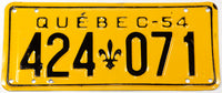 A vintage 1954 Quebec passenger car license plate in excellent minus condition with an extra hole