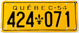A vintage 1954 Quebec passenger car license plate in excellent minus condition with an extra hole