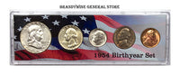 A 1954 Birth Year coin set which includes the silver Franklin Half Dollar, Washington Quarter, Roosevelt Dime, Jefferson Nickel and Lincoln Wheat Penny for sale by Brandywine General Store