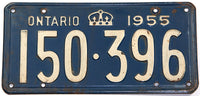 An antique 1955 Ontario Canada passenger car license plate in very good condition