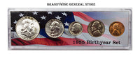 A 1955 Birth Year coin set which includes the silver Franklin Half Dollar, Washington Quarter, Roosevelt Dime, Jefferson Nickel and Lincoln Wheat Penny for sale by Brandywine General Store