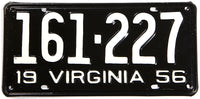 A 1956 Virginia car license plate in excellent condition