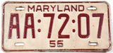 1956 Maryland Car License Plate with AA prefix Very Good