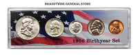 A 1956 Birth Year coin set which includes the silver Franklin Half Dollar, Washington Quarter, Roosevelt Dime, Jefferson Nickel and Lincoln Wheat Penny for sale by Brandywine General Store