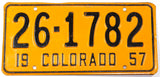 A 1957 Colorado passenger car license plate in vey good plus condition