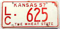 A 1957 Kansas passenger car license plate in very good plus condition