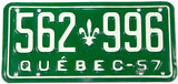 A classic 1957 Quebec passenger car license plate in very good plus condition