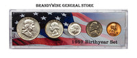 A 1957 Birth Year coin set which includes the silver Franklin Half Dollar, Washington Quarter, Roosevelt Dime, Jefferson Nickel and Lincoln Wheat Penny for sale by Brandywine General Store