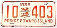 A classic 1958 passenger car license plate from the Canadian province of Prince Edward Island in very good condition