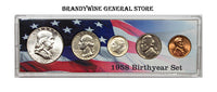 A 1958 Birth Year coin set which includes the silver Franklin Half Dollar, Washington Quarter, Roosevelt Dime, Jefferson Nickel and Lincoln Wheat Penny for sale by Brandywine General Store