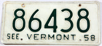 A Classic 1958 Vermont car license plate in very good condition