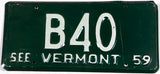 A Classic 1959 Vermont car license plate in very good plus condition with great DMV number B40