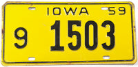 A vintage 1959 Iowa passenger car license plate in very good plus condition
