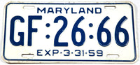 1959 Maryland Passenger Car License Plate in very good plus condition