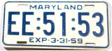 A classic 1959 Maryland car license plate in very good condition