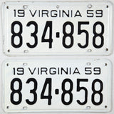 1959 Virginia license plates in excellent minus condition with 1 extra hole