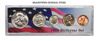 A 1959 Birth Year coin set which includes the silver Franklin Half Dollar, Washington Quarter, Roosevelt Dime, Jefferson Nickel and Lincoln Cent for sale by Brandywine General Store