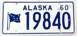 A classic 1960 Alaska passenger car license plate for sale at Brandywine General store in very good plus condition