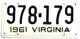 A 1961 Virginia car license plate in very good plus condition