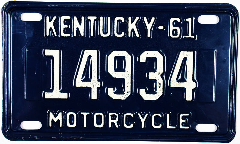 A Classic New Old Stock 1961 Kentucky Motorcycle License Plate for sale by Brandywine General Store in excellent minus condition