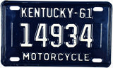 A Classic New Old Stock 1961 Kentucky Motorcycle License Plate for sale by Brandywine General Store in excellent minus condition