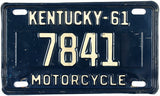 A Classic New Old Stock 1961 Kentucky Motorcycle License Plate for sale by Brandywine General Store in very good condition