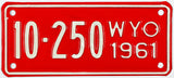 A beautiful new old stock 1961 Wyoming motorcycle license plate for sale by Brandywine General Store in near mint condition