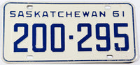 A classic 1961 Saskatchewan passenger car license plate in excellent minus condition