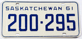 A classic 1961 Saskatchewan car license plate in excellent minus condition