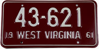 1961 West Virginia Car license plate in excellent condition