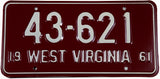 1961 West Virginia Car license plate in excellent condition