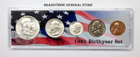 A 1961 Birth Year coin set which includes the silver Franklin Half Dollar, Washington Quarter, Roosevelt Dime plus the Jefferson Nickel and Lincoln Cent for sale by Brandywine General Store