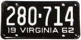 A Single 1962 Virginia car license plate in  very good plus condition