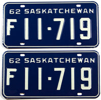 A classic pair of 1962 Saskatchewan Canada farm truck license plates in excellent plus condition with original wrapper