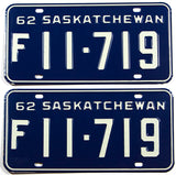 A classic pair of 1962 Saskatchewan Canada farm truck license plates for sale by Brandywine General Store in excellent plus condtion with original mailing wrapper
