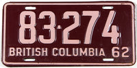 A classic 1962 British Columbia passenger car license plate in excellent minus condition