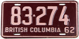 A classic 1962 British Columbia passenger car license plate in excellent minus condition