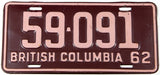 A classic 1962 British Columbia passenger car license plate grading excellent minus