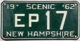 1962 New Hampshire license plate in very good condition