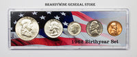 A 1962 Birth Year coin set which includes the silver Franklin Half Dollar, Washington Quarter, Roosevelt Dime, Jefferson Nickel and Lincoln Cent for sale by Brandywine General Store