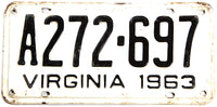 A 1963 Virginia car license plate in very good condition