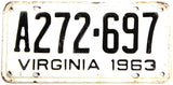 A 1963 Virginia car license plate in very good condition